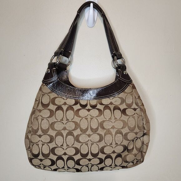 Vintage COACH SOHO SIGNATURE HOBO F17094 Khaki Mahogany Patent Leather Bag RARE - Picture 6 of 13